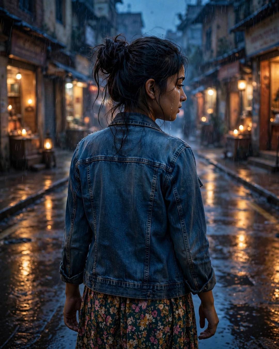 Young Indian woman in denim jacket over floral dress walking away down a rain-soaked city street at blue hour