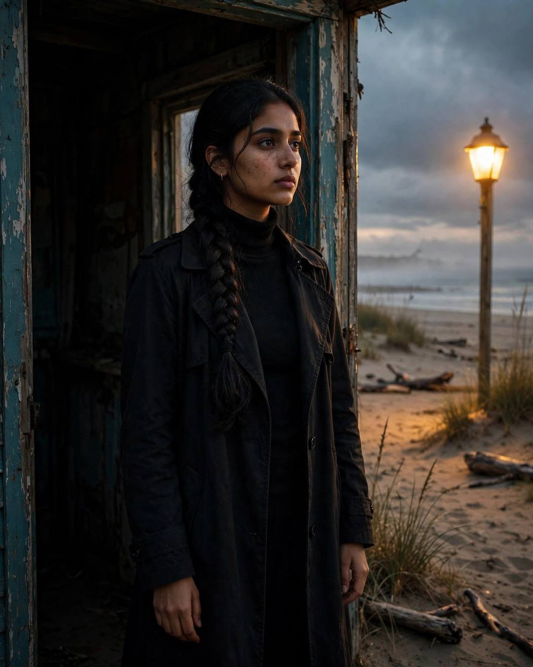 Young Indian woman in black turtleneck and long coat standing in a weathered doorway by a deserted beach at dusk, long braid over shoulder