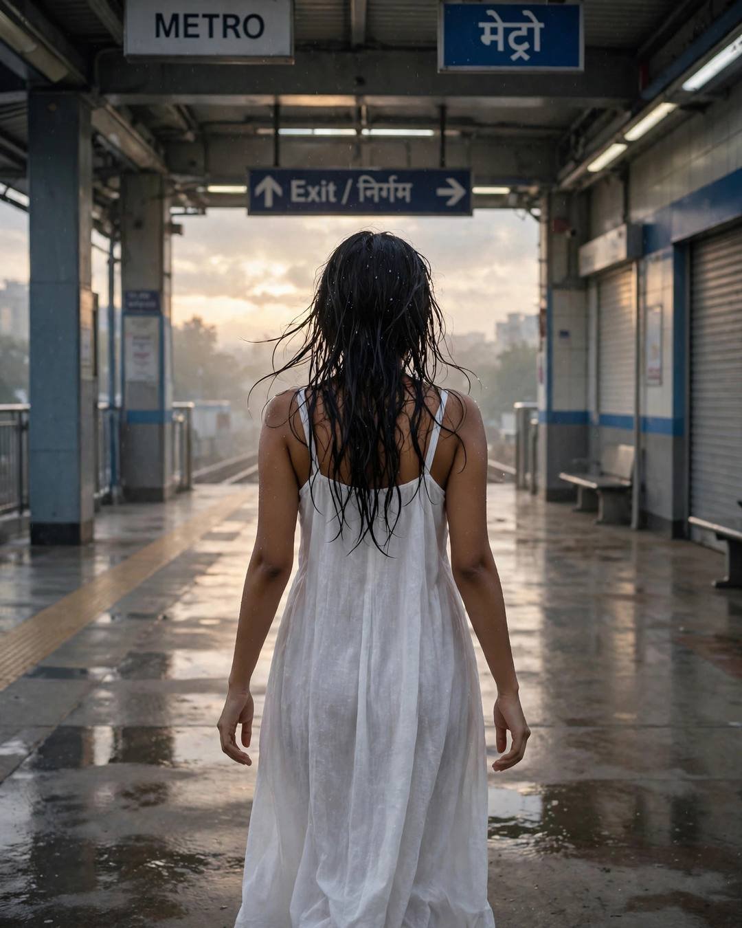 Young Indian woman in flowing white summer dress walking away on a rain-washed metro platform, wet hair, dawn light ahead