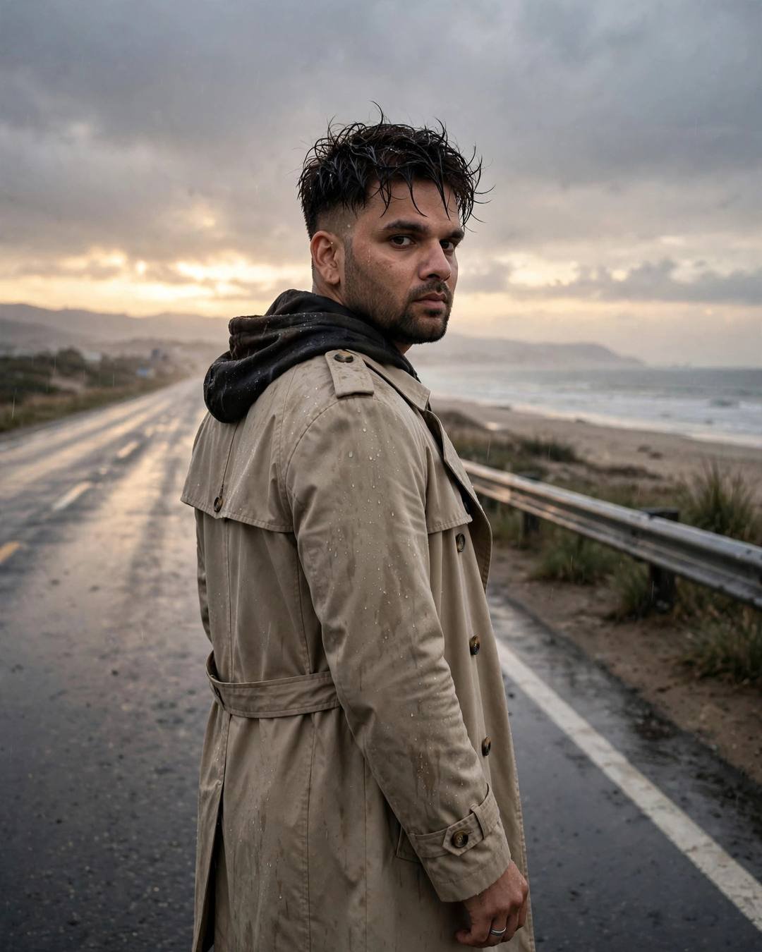 Young man in a beige trench coat standing back to the camera on a deserted coastal road at dusk, looking over one shoulder, overcast golden hour, cinematic portrait