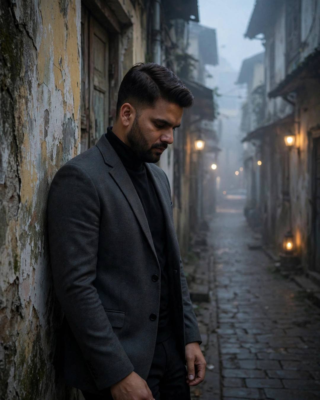 Young man in a charcoal blazer and black turtleneck leaning against a weathered wall in a narrow foggy old-city lane, dawn, lantern glow, cinematic portrait