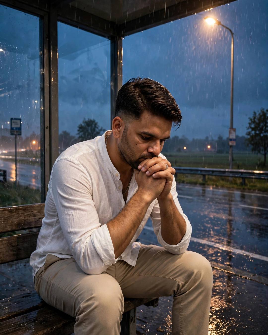 Young man in a white linen shirt seated at a bus stop shelter with hands clasped and head bowed, clear cold night rain, warm sodium lamp against blue hour, cinematic portrait
