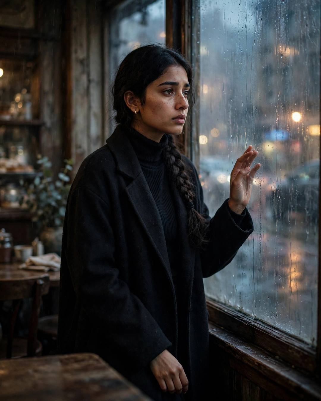 Young Indian woman in black turtleneck and long coat with a long braid, standing at a rain-streaked cafe window at dusk, one hand resting on the glass