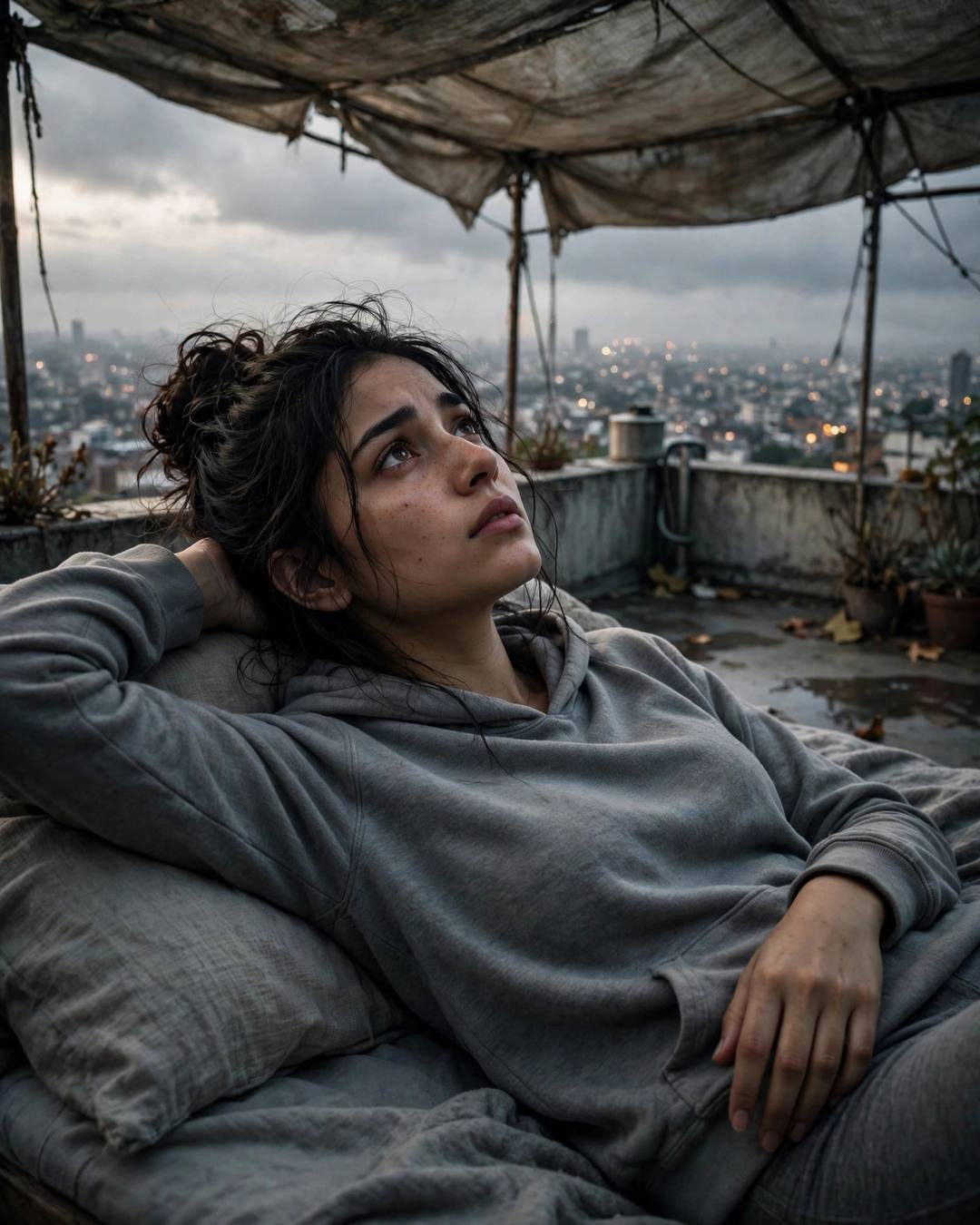 Young Indian woman in a grey hoodie with a messy bun, lying back on a rooftop under an overcast sky, gazing upward