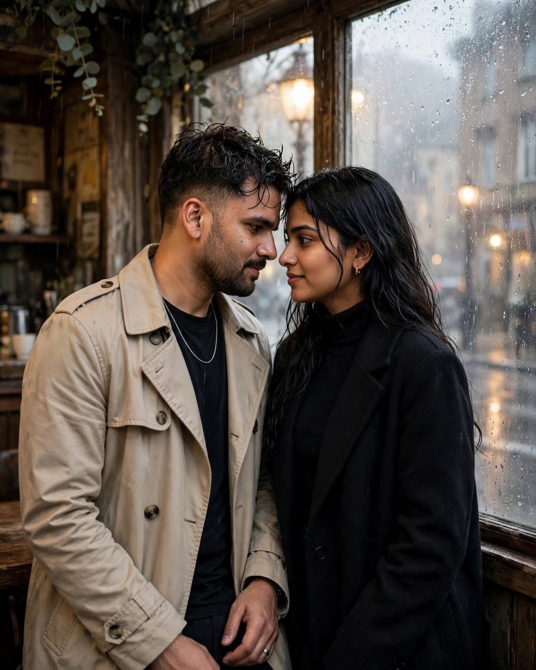 Young Indian couple face to face with foreheads touching in an old cafe, man in beige trench coat, woman in black turtleneck and long coat, rain on windows
