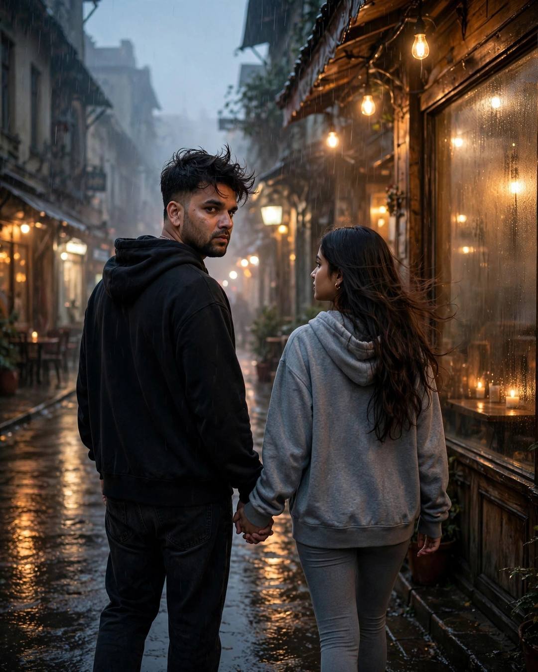 Young Indian couple walking hand in hand away on a rain-wet street by an old cafe, glancing back, man in black hoodie, woman in grey hoodie