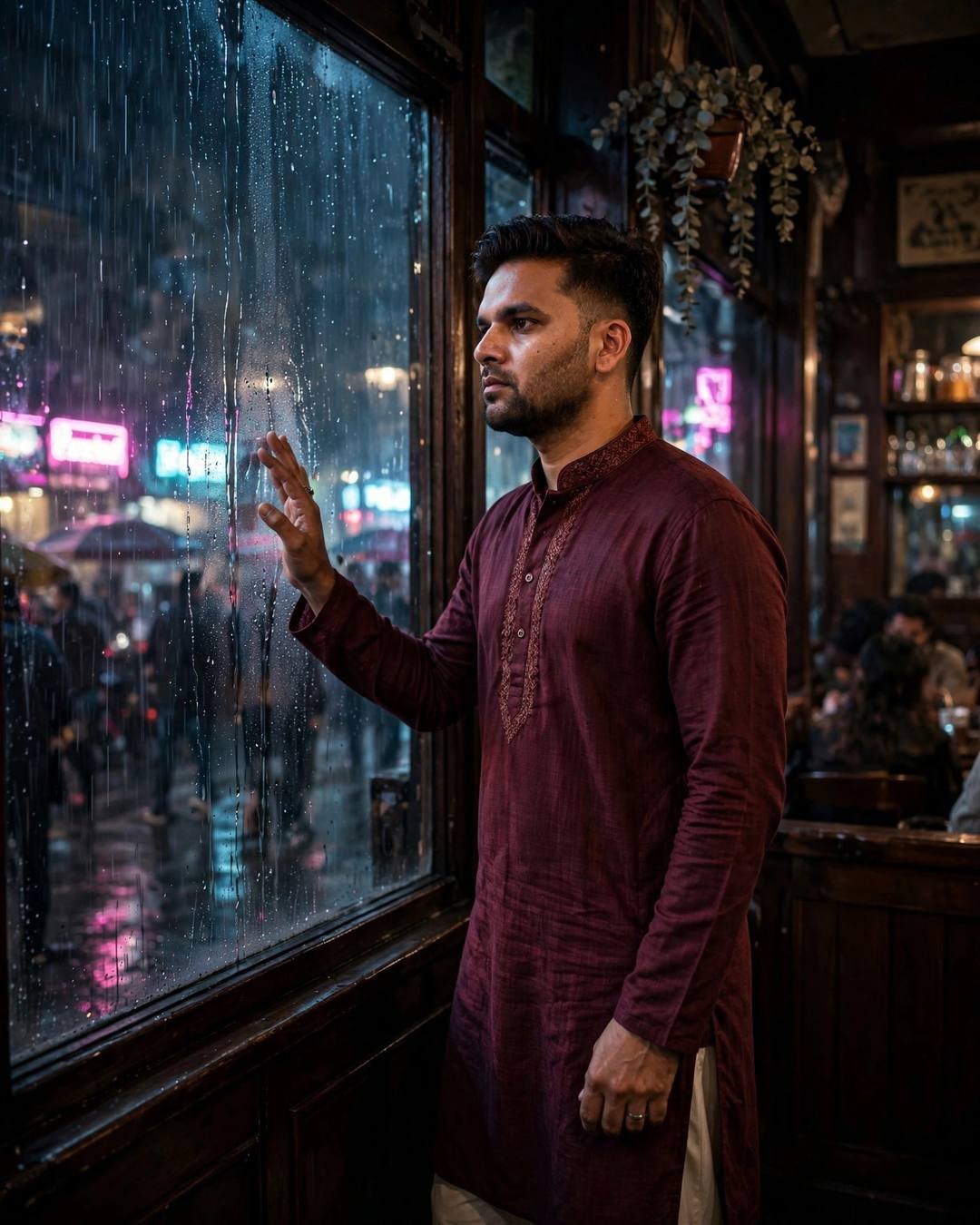 Young Indian man in maroon kurta standing at a rain-streaked cafe window with his hand on the glass, neon pink and cyan lights outside