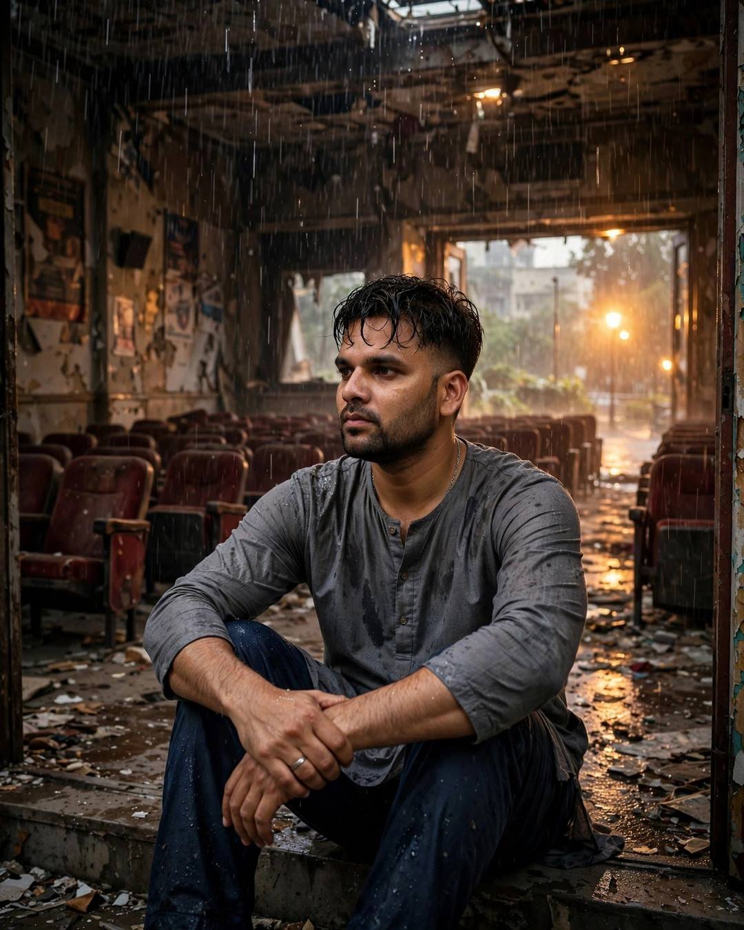 Young Indian man in grey kurta sitting with knees drawn up in an abandoned cinema hall, rain falling through the broken roof