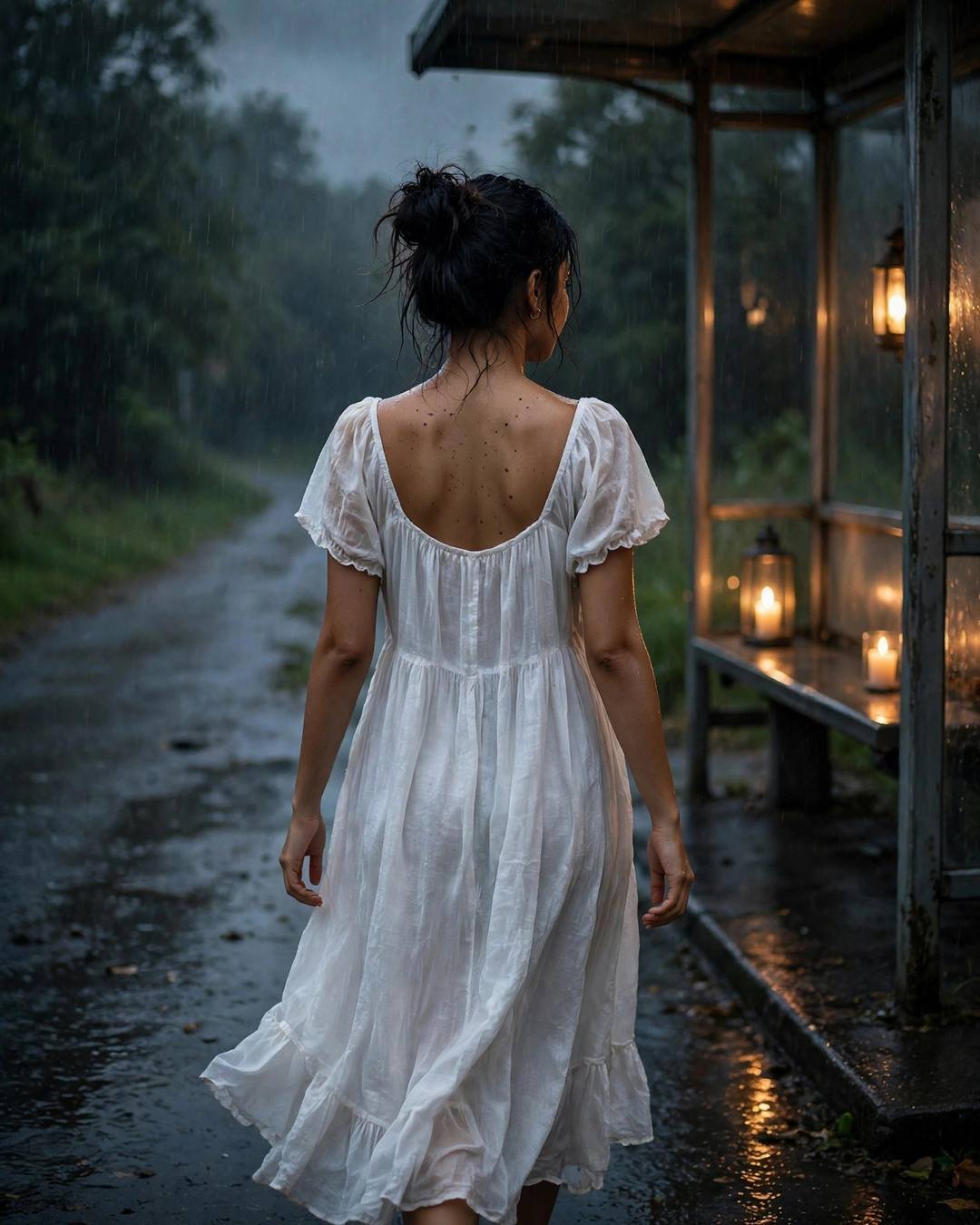Young Indian woman in flowing white dress walking away down a rainy path from a candlelit bus stop, messy bun, rear view