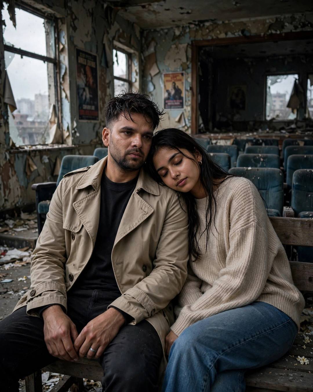 Young Indian couple sitting close in an abandoned cinema hall, woman's head on man's shoulder, man in beige trench coat, woman in oversized beige sweater