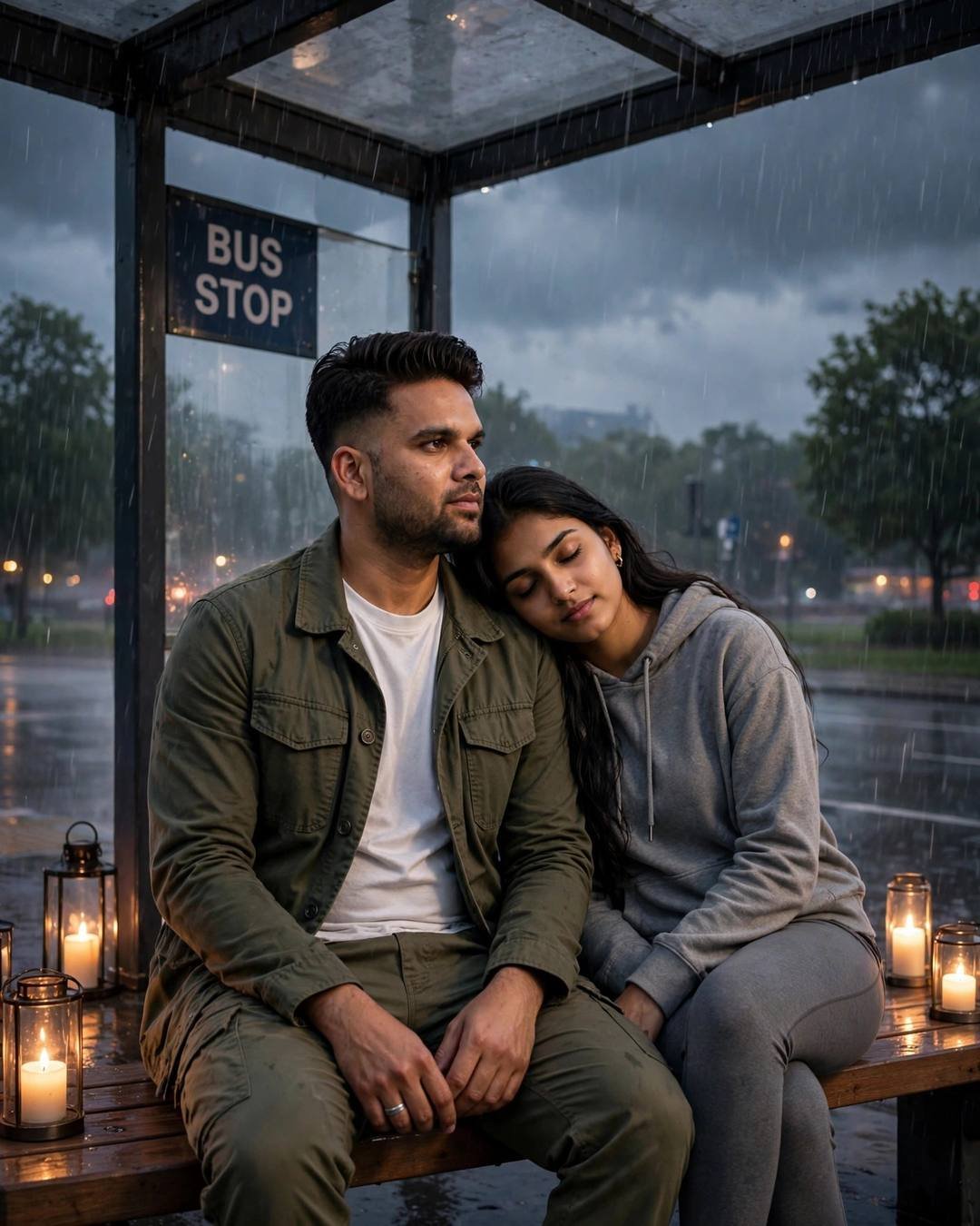 Young Indian couple sitting close at a bus stop in heavy rain, woman's head on man's shoulder, man in olive field jacket, woman in grey hoodie, candles burning