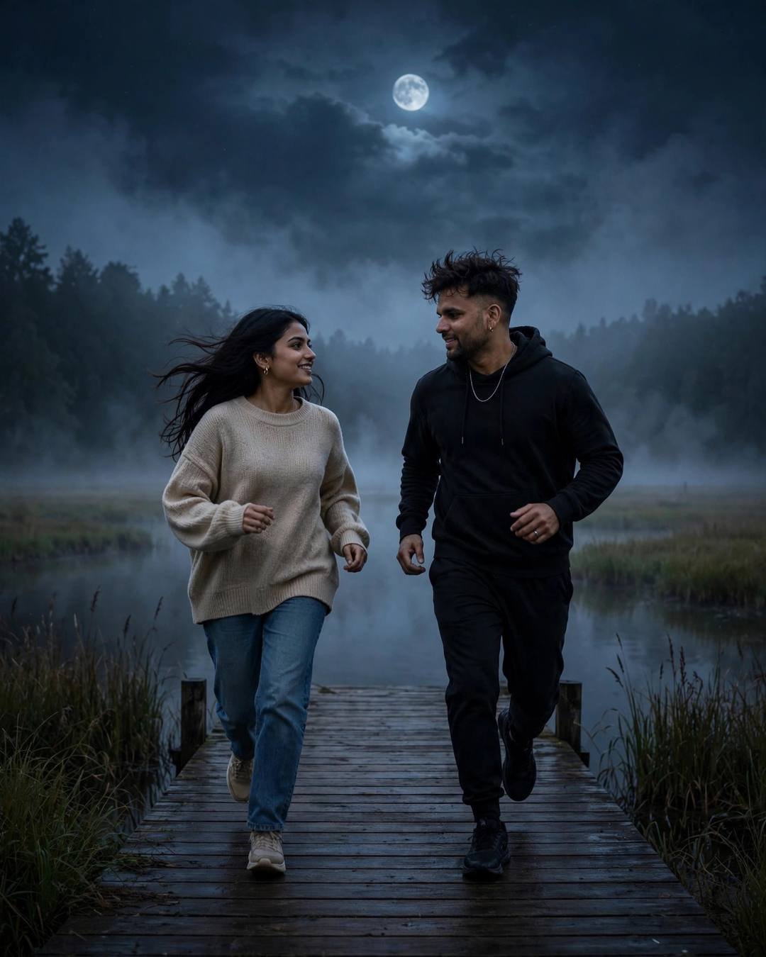 Young Indian couple running toward each other laughing on a wooden pier at a moonlit foggy lake, man in all-black streetwear, woman in oversized beige sweater and jeans