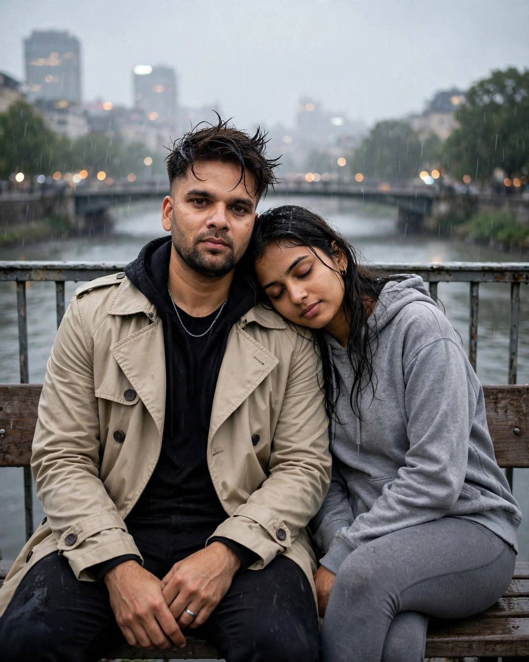 Young Indian couple sitting close on a bridge bench over a river, woman's head on man's shoulder, man in beige trench coat, woman in grey hoodie, light rain