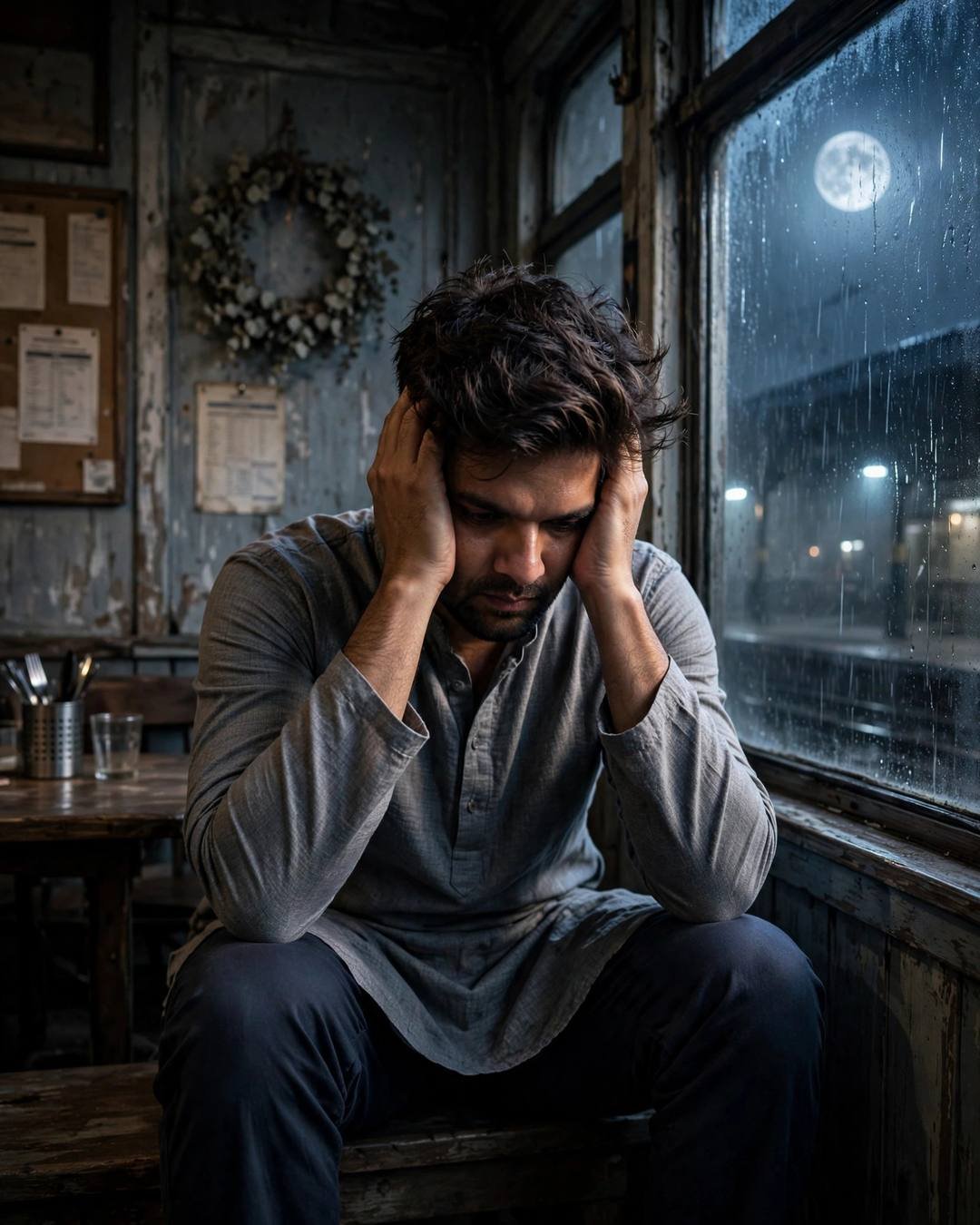 Young Indian man in grey kurta sitting with head in hands at an old cafe by a fogged window, moon glowing through rain-streaked glass