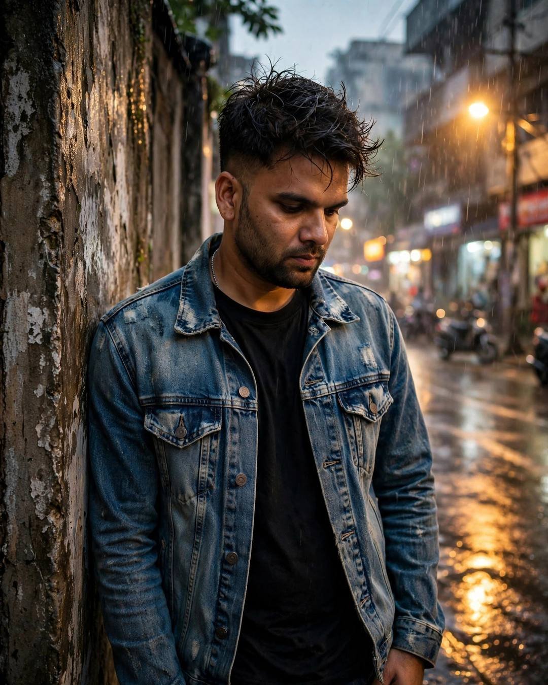 Young Indian man in distressed denim jacket leaning against a weathered wall on a rain-soaked street at golden hour, head tilted down