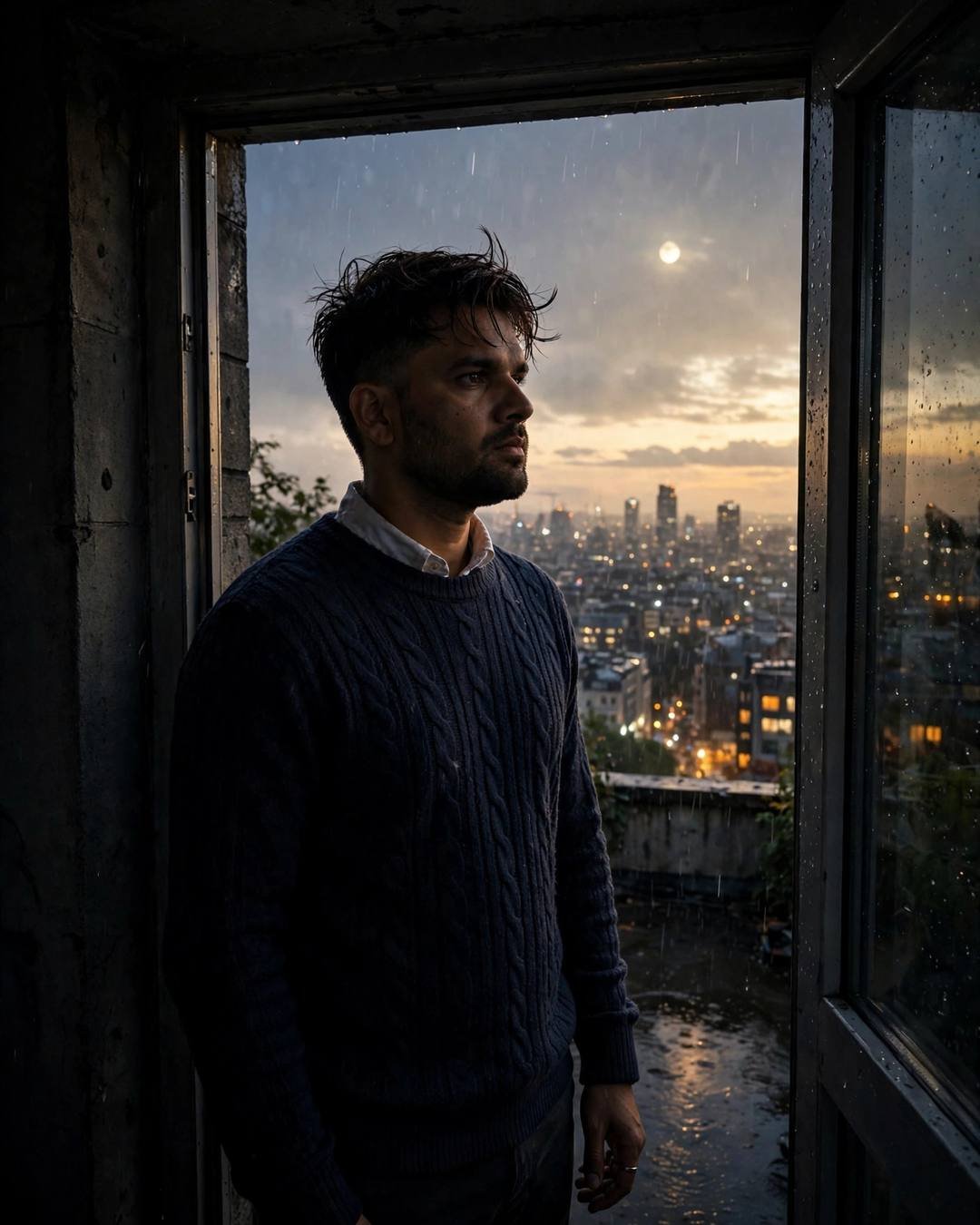 Young Indian man in navy sweater standing half in shadow in a doorway overlooking city lights at moonlit golden hour