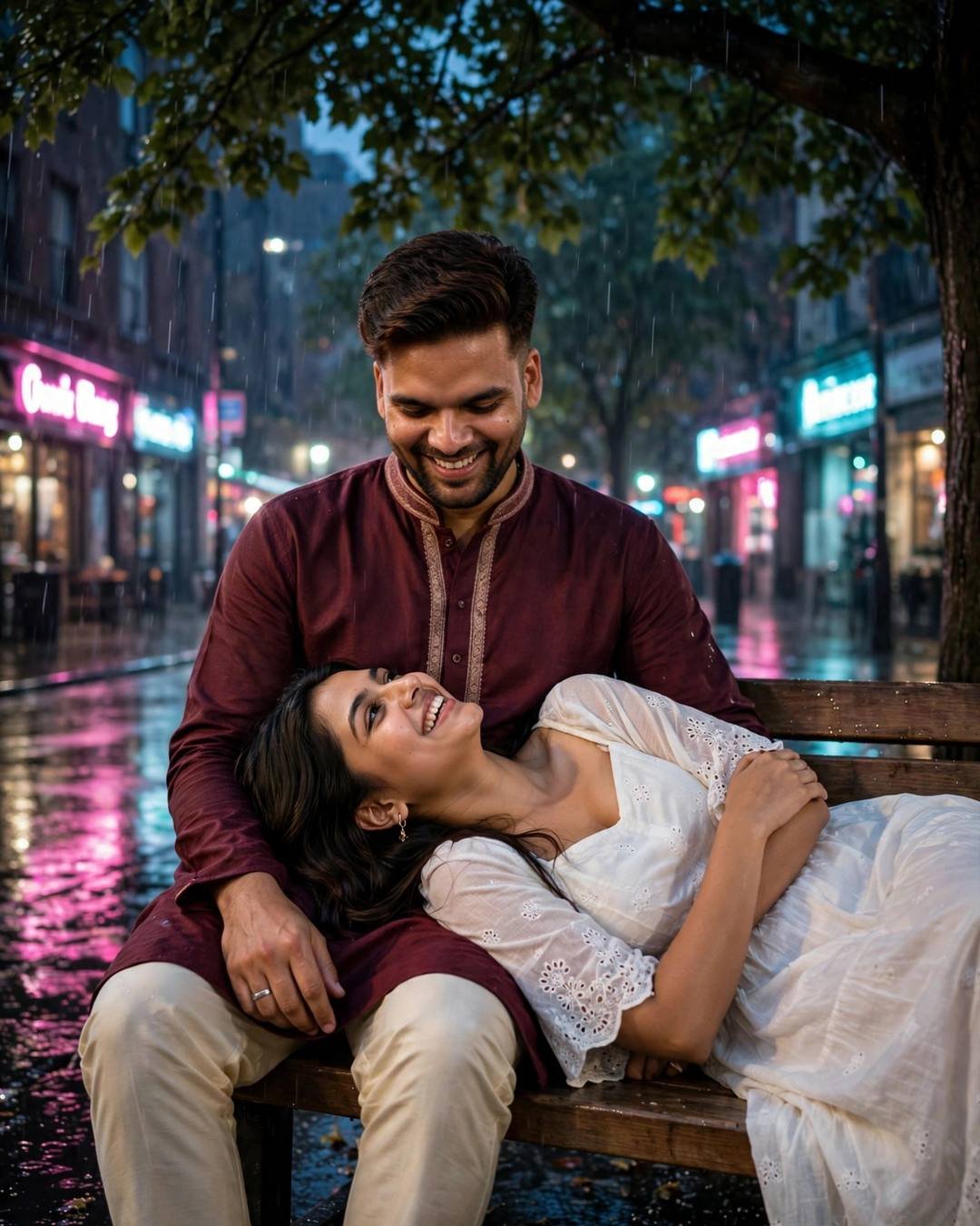 Young Indian couple laughing softly on a bench at night, her head in his lap, rain-soaked street glowing with pink and cyan neon