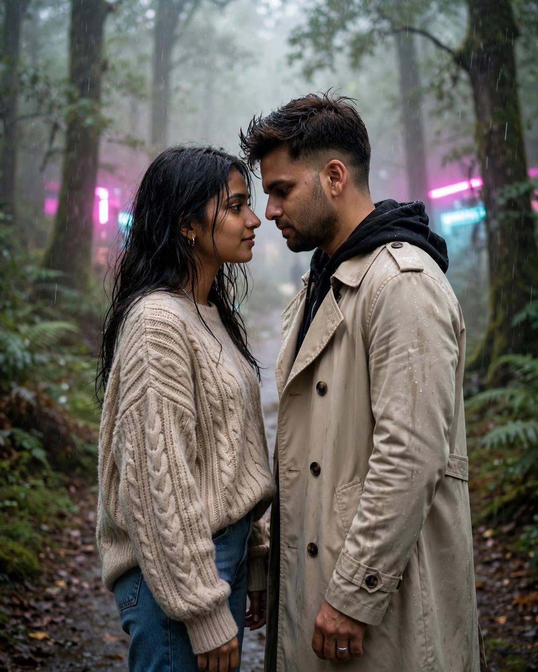 Young Indian couple standing face to face with foreheads almost touching on a misty forest path in light rain