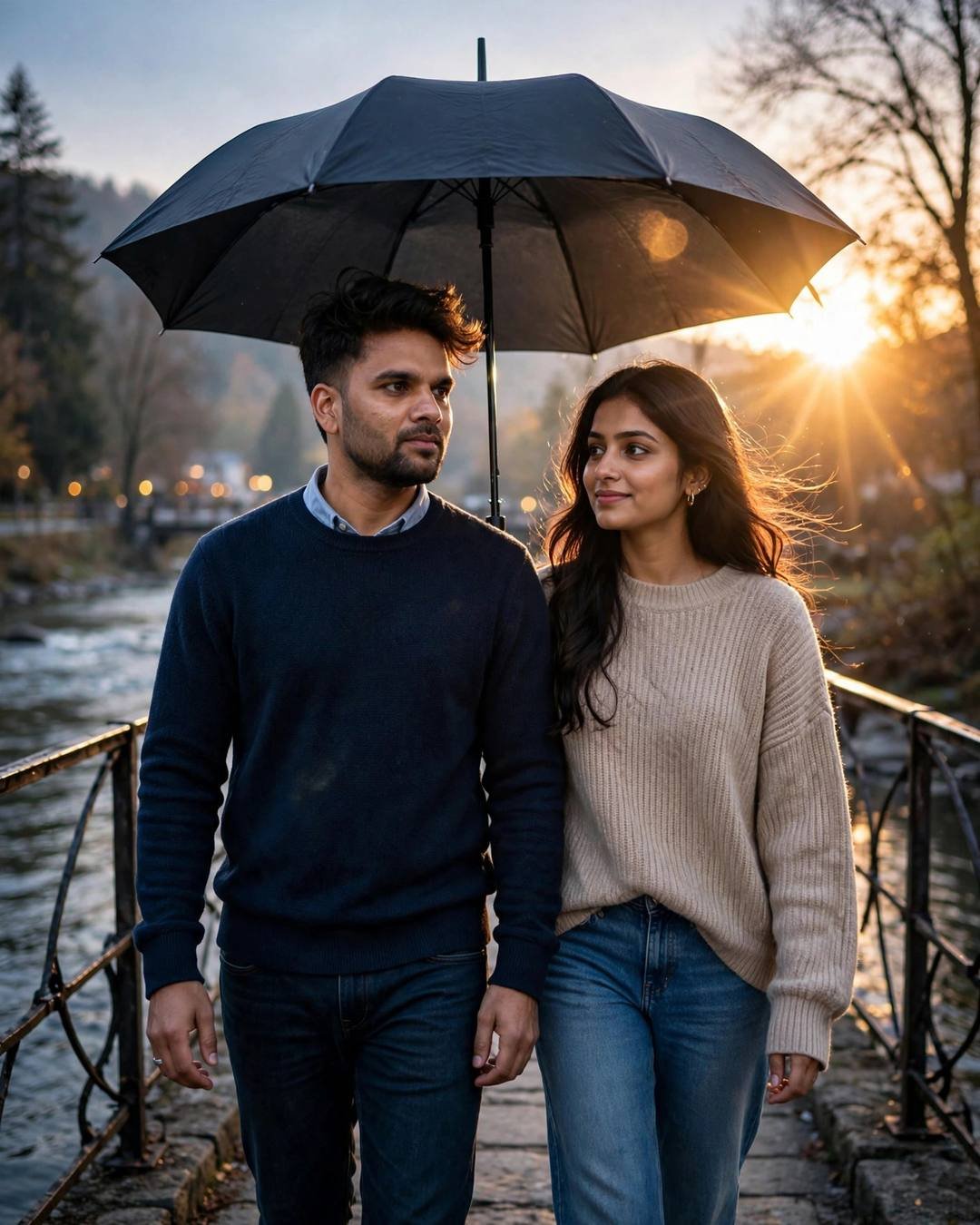 Young Indian couple walking under one black umbrella on a bridge over a river at golden hour, man in navy sweater, woman in beige sweater