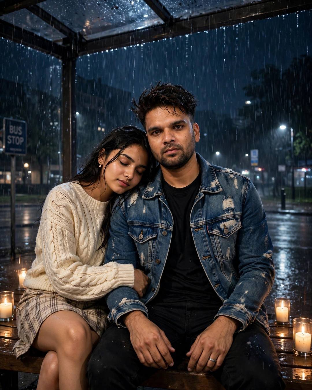 Young Indian couple sitting on a bench at a rainy bus stop at night, her head on his shoulder, man in distressed denim jacket, candles glowing