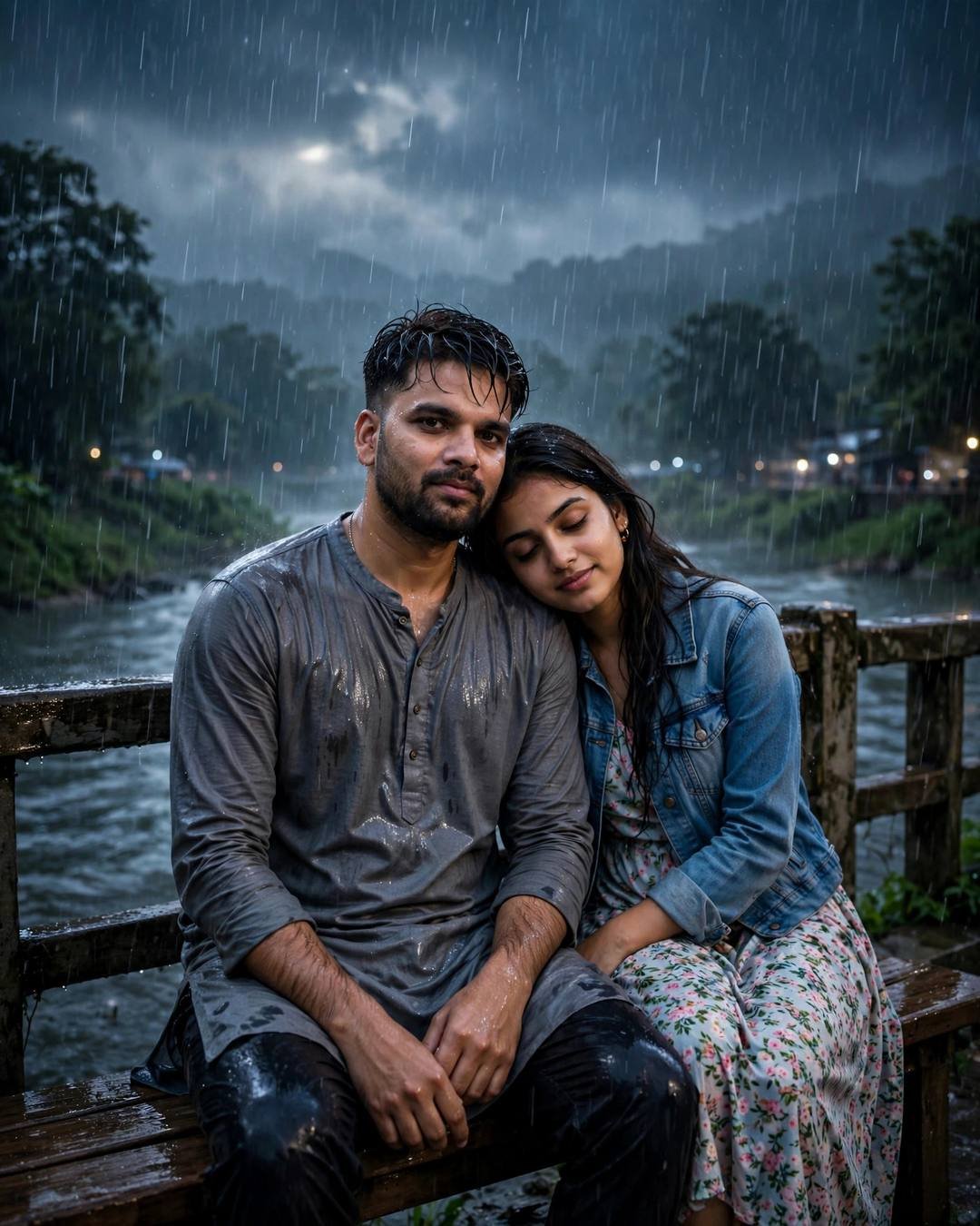 Young Indian couple sitting on a bench by a river in heavy rain, her head on his shoulder, man in grey kurta, woman in denim jacket and floral dress