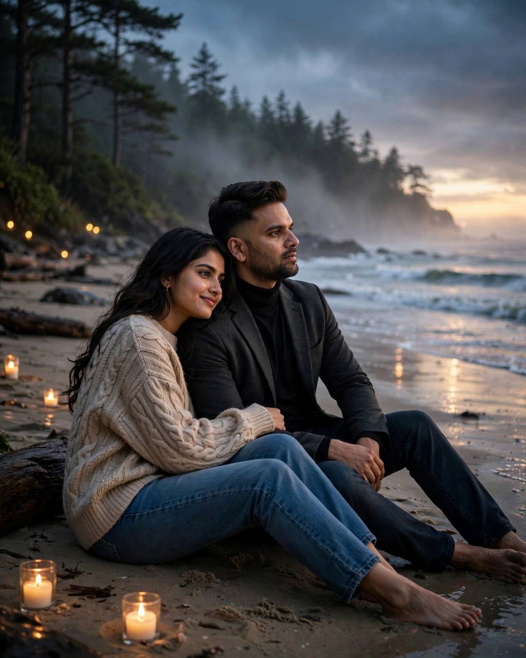 Young Indian couple sitting on a beach at golden hour, man in charcoal blazer, woman in beige sweater, candles on the sand