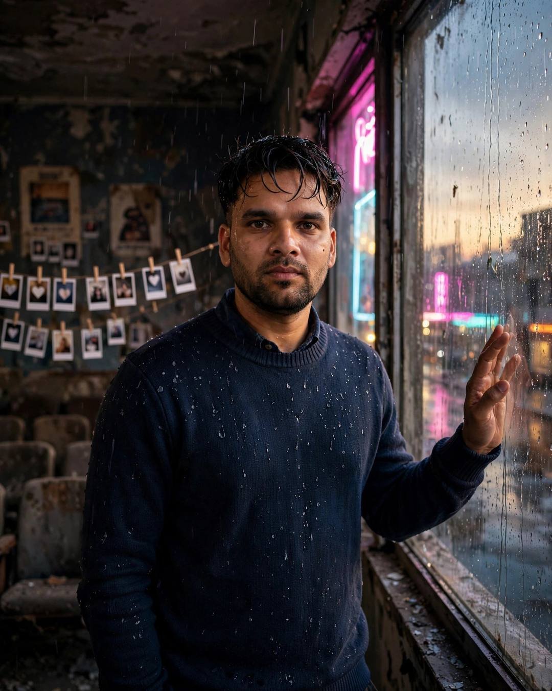 Young Indian man in navy sweater with hand on a rain-streaked window in an abandoned cinema, neon pink and cyan glowing outside