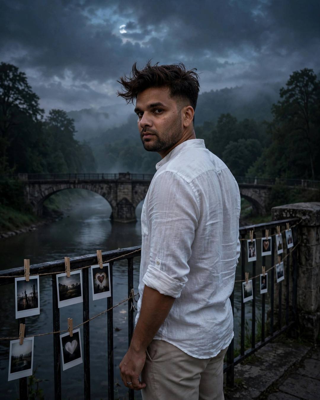 Young Indian man in white linen shirt on a moonlit bridge looking over his shoulder, polaroid photos hanging on the railing