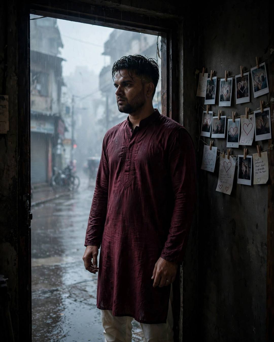 Young Indian man in maroon kurta standing in a doorway in the rain, polaroid photos with hearts pinned on the wall beside him