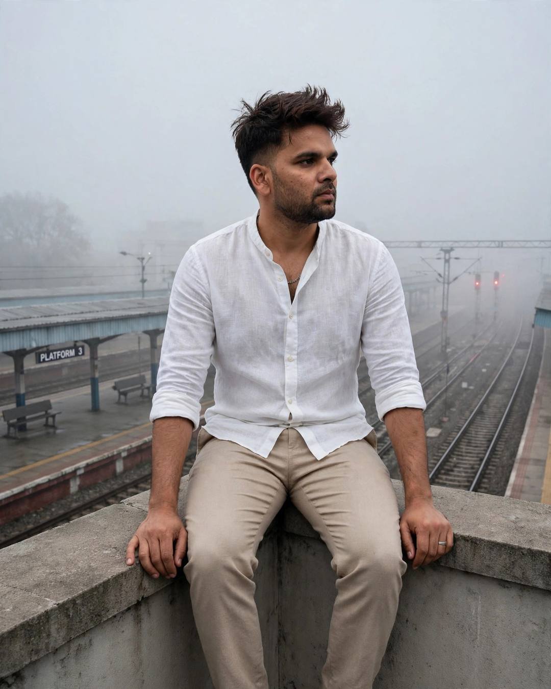 Young Indian man in white linen shirt and beige trousers sitting on a rooftop ledge above a foggy empty railway platform