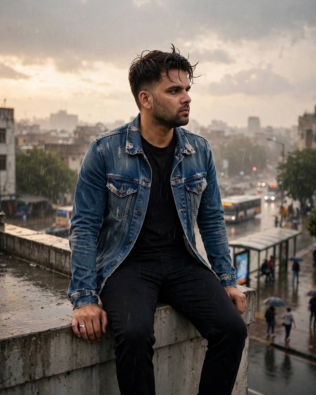 Young Indian man in distressed denim jacket sitting on a rooftop ledge above a rain-wet bus stop at golden hour
