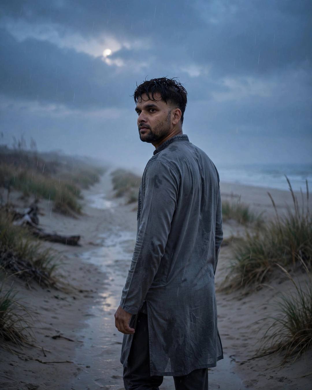 Young Indian man in grey kurta walking away on a deserted beach path at dusk, moon behind storm clouds, rain falling