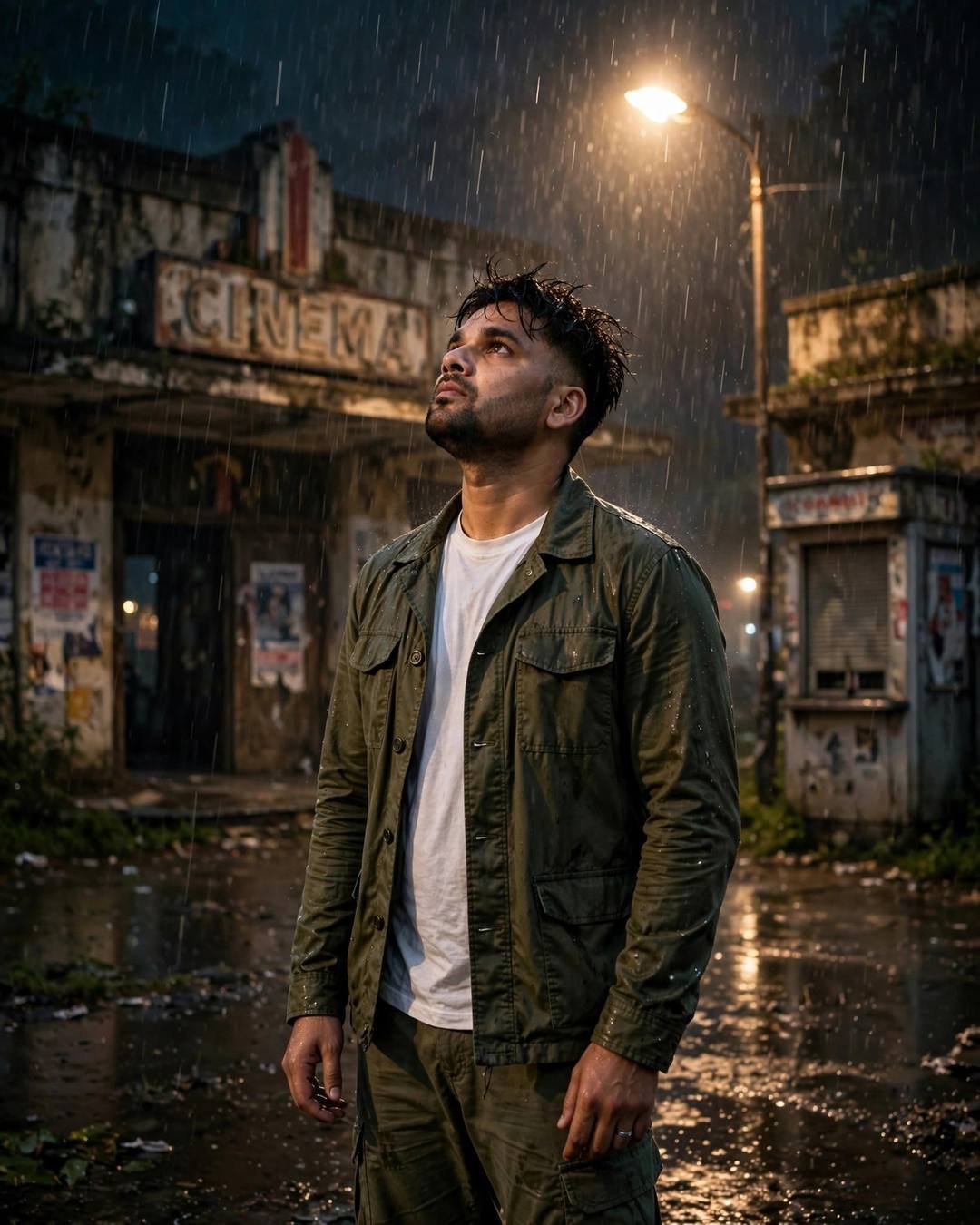 Young Indian man in olive field jacket standing in heavy rain outside an abandoned cinema, face lifted to the sky, streetlamp glowing