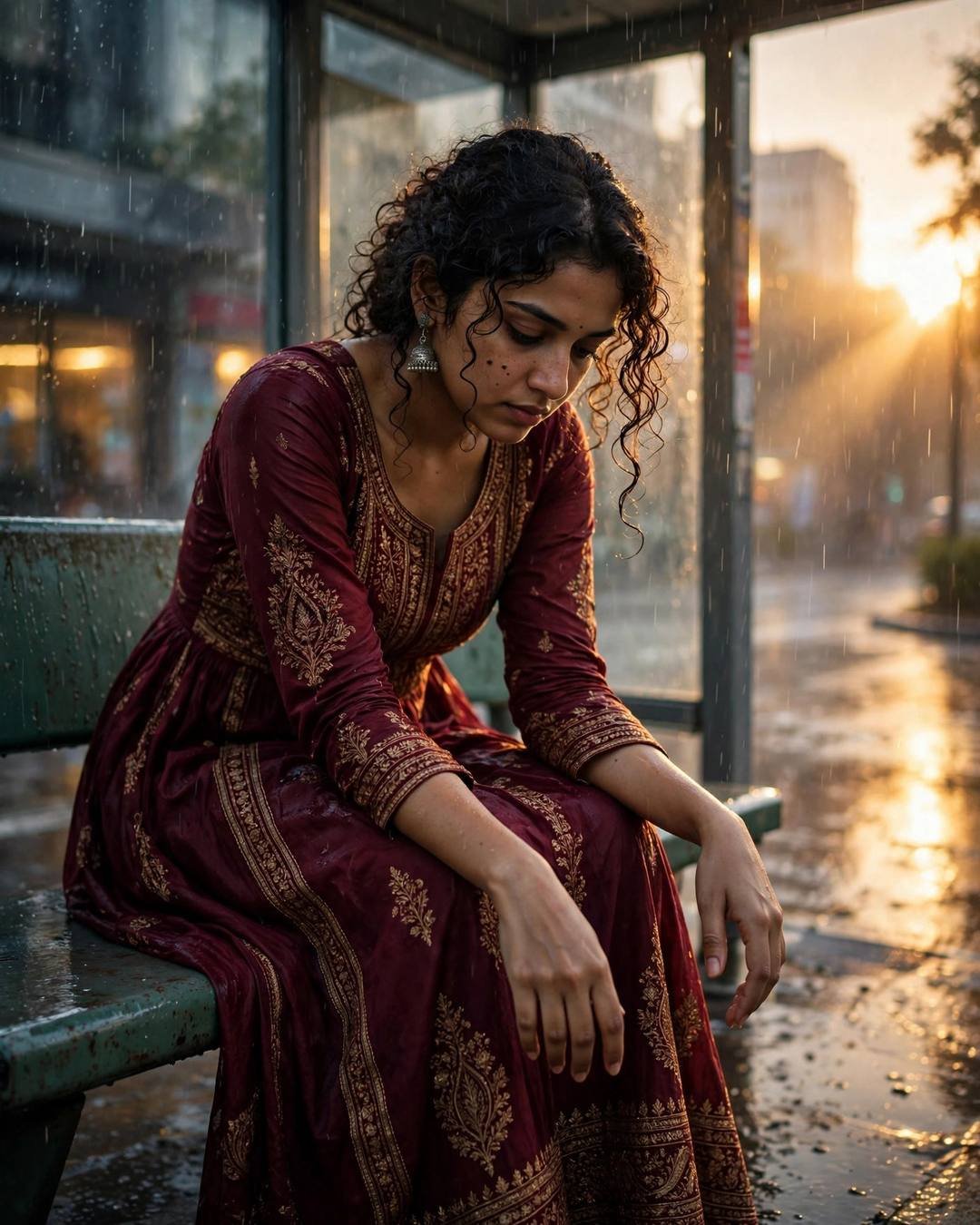 Young Indian woman in maroon anarkali with jhumkas sitting at a rainy bus stop, head bowed, golden light through rain