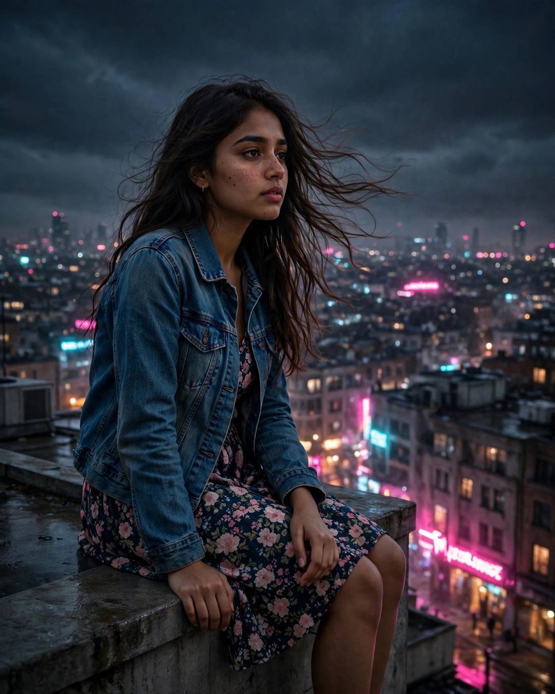 Young Indian woman in denim jacket over floral dress sitting on a rooftop ledge at night, neon city glowing pink and cyan below