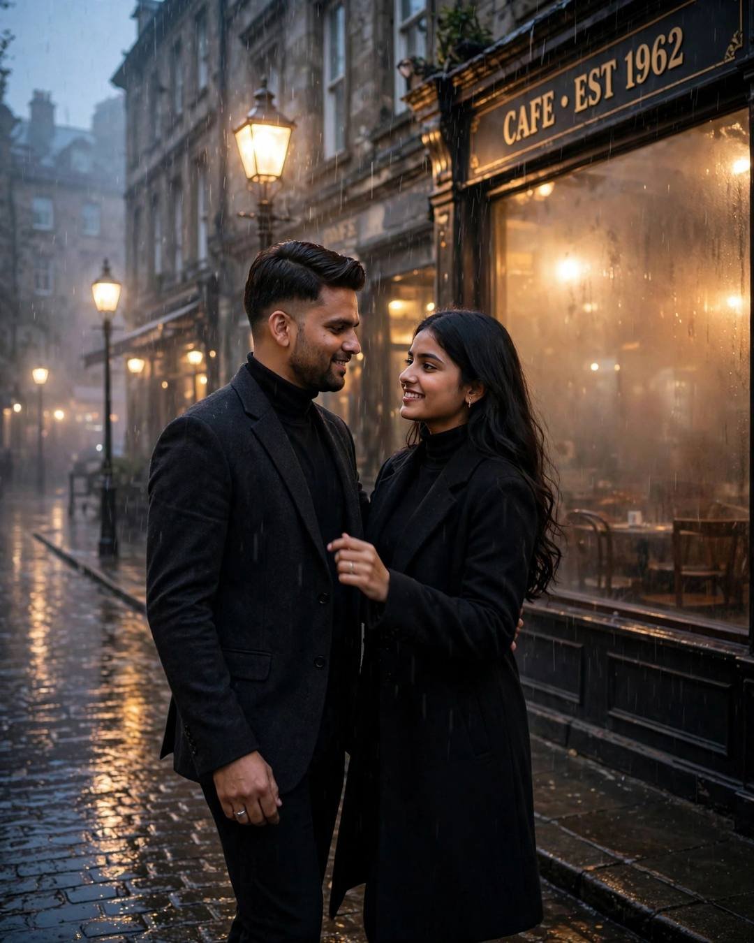 Young couple dancing slowly on a rainy cobblestone street outside an old cafe, charcoal blazer and black turtleneck with long coat, golden hour, cinematic portrait