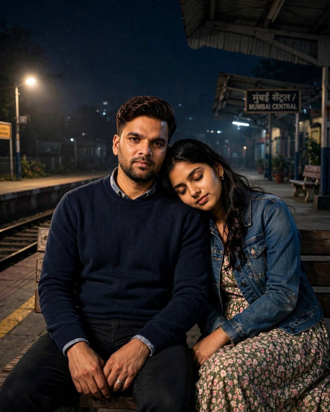 Couple sitting close on an empty railway platform at midnight, her head resting on his shoulder, man in navy sweater, woman in denim jacket over floral dress, Mumbai Central sign glowing