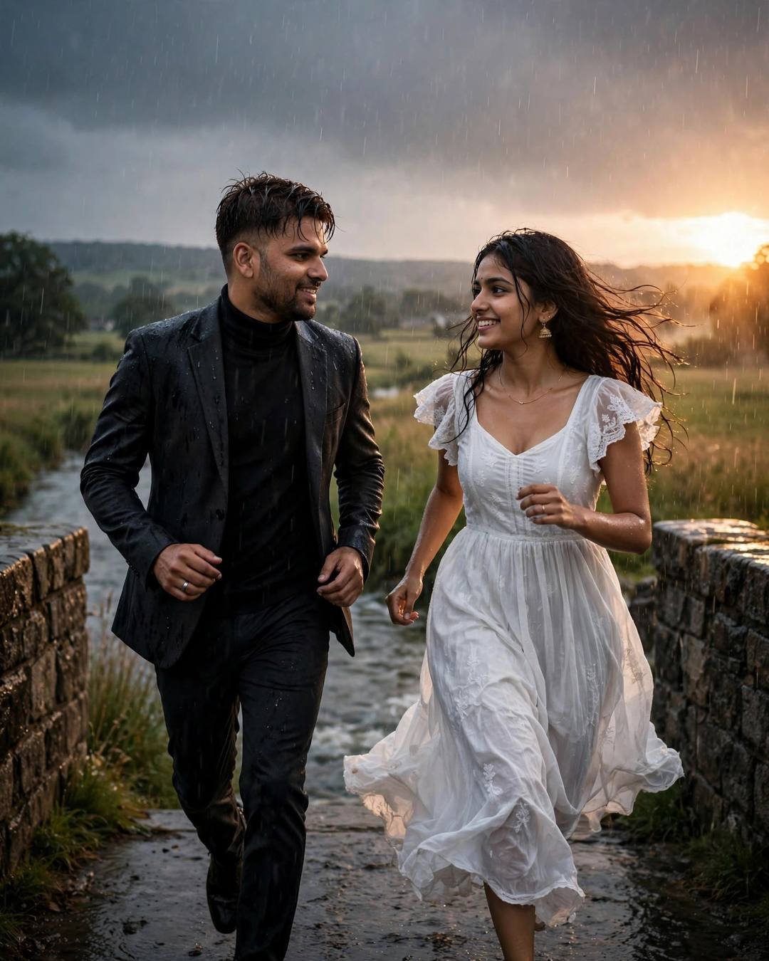 Couple running across a stone bridge over a river in light rain at sunset, man in charcoal blazer over black turtleneck, woman in flowing white summer dress