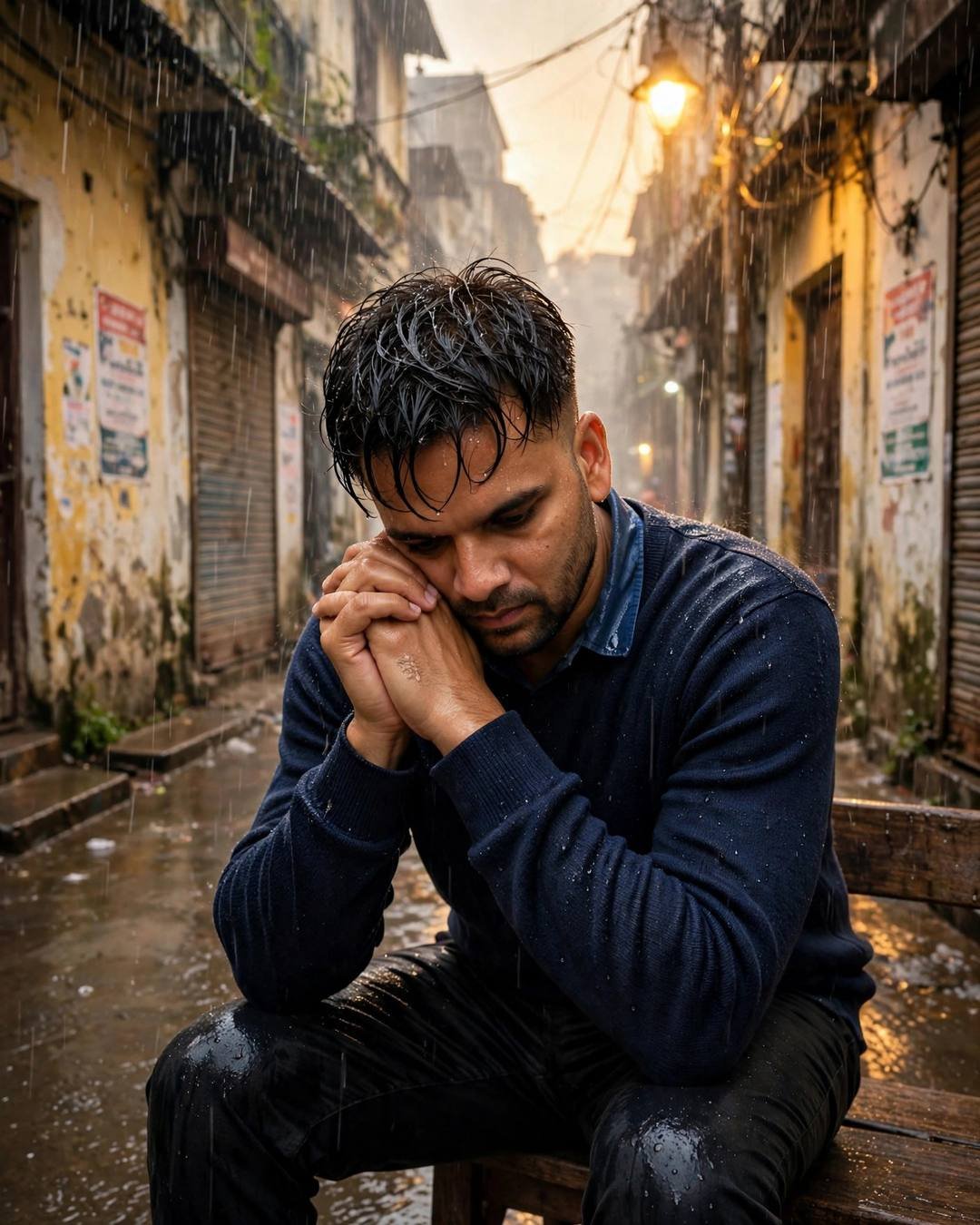 Young Indian man in navy sweater sitting on a bench with head in hands in a rainy old-city lane under warm streetlamp light