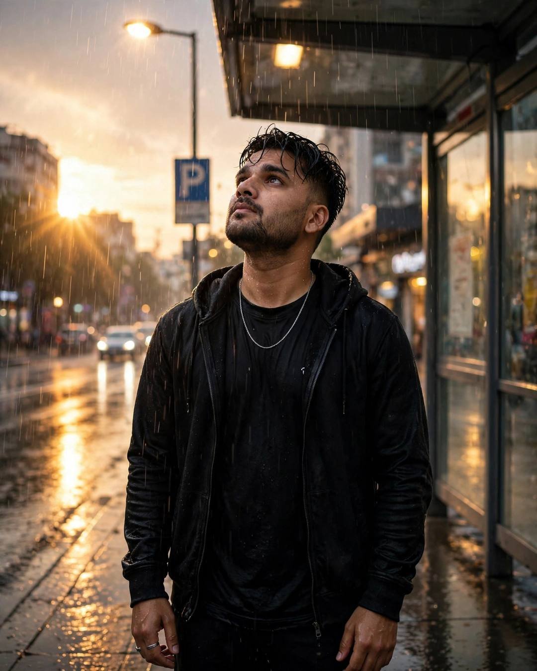 Young Indian man in all-black streetwear standing at a rainy bus stop at golden hour, face lifted to the sky