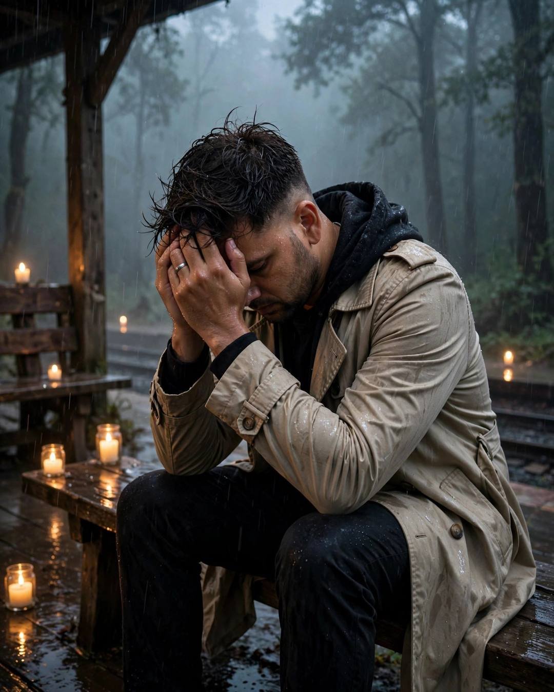 Young man in a beige trench coat seated with head in hands on a station bench, heavy monsoon rain, candles glowing beside him, cinematic portrait