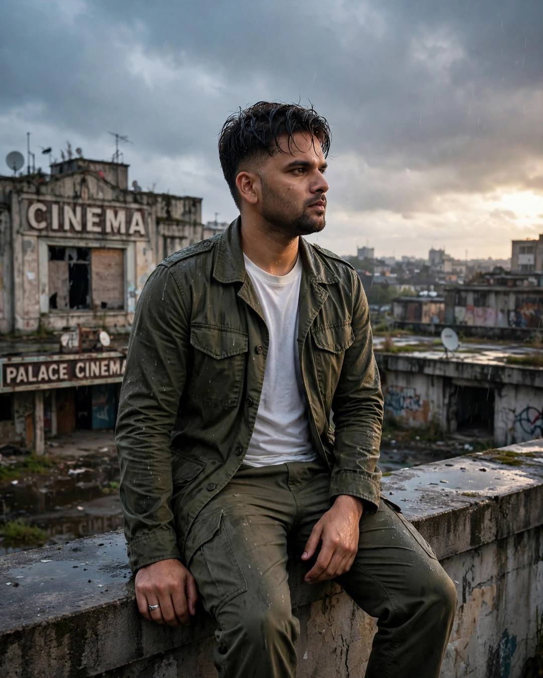 Young man in an olive field jacket seated on a rooftop ledge with legs dangling, abandoned cinema hall beyond, overcast afternoon, cinematic portrait