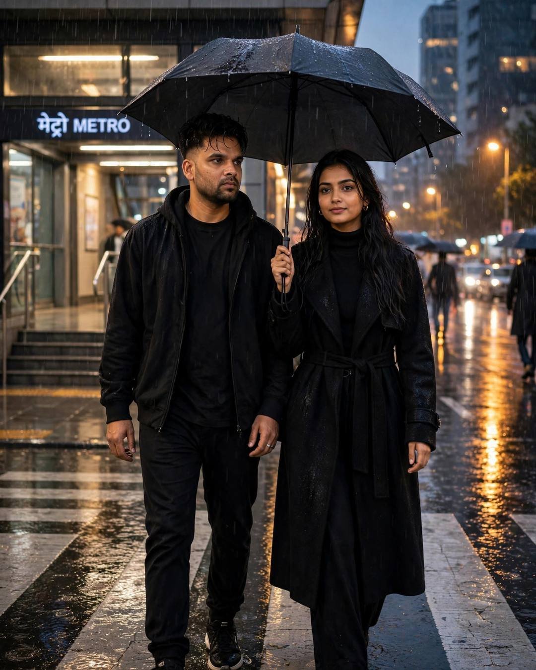 Couple walking under one black umbrella at a rainy metro station at night, man in all-black streetwear, woman in black turtleneck and long coat