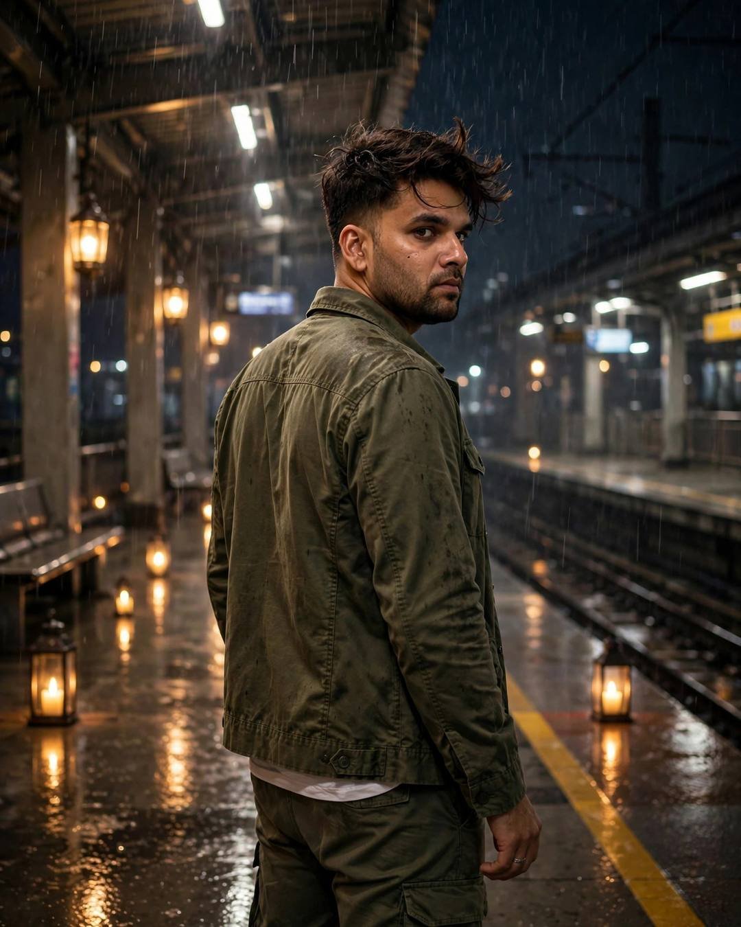 Young Indian man in an olive field jacket standing on a midnight metro platform in the rain, looking back over his shoulder, lanterns glowing on wet concrete