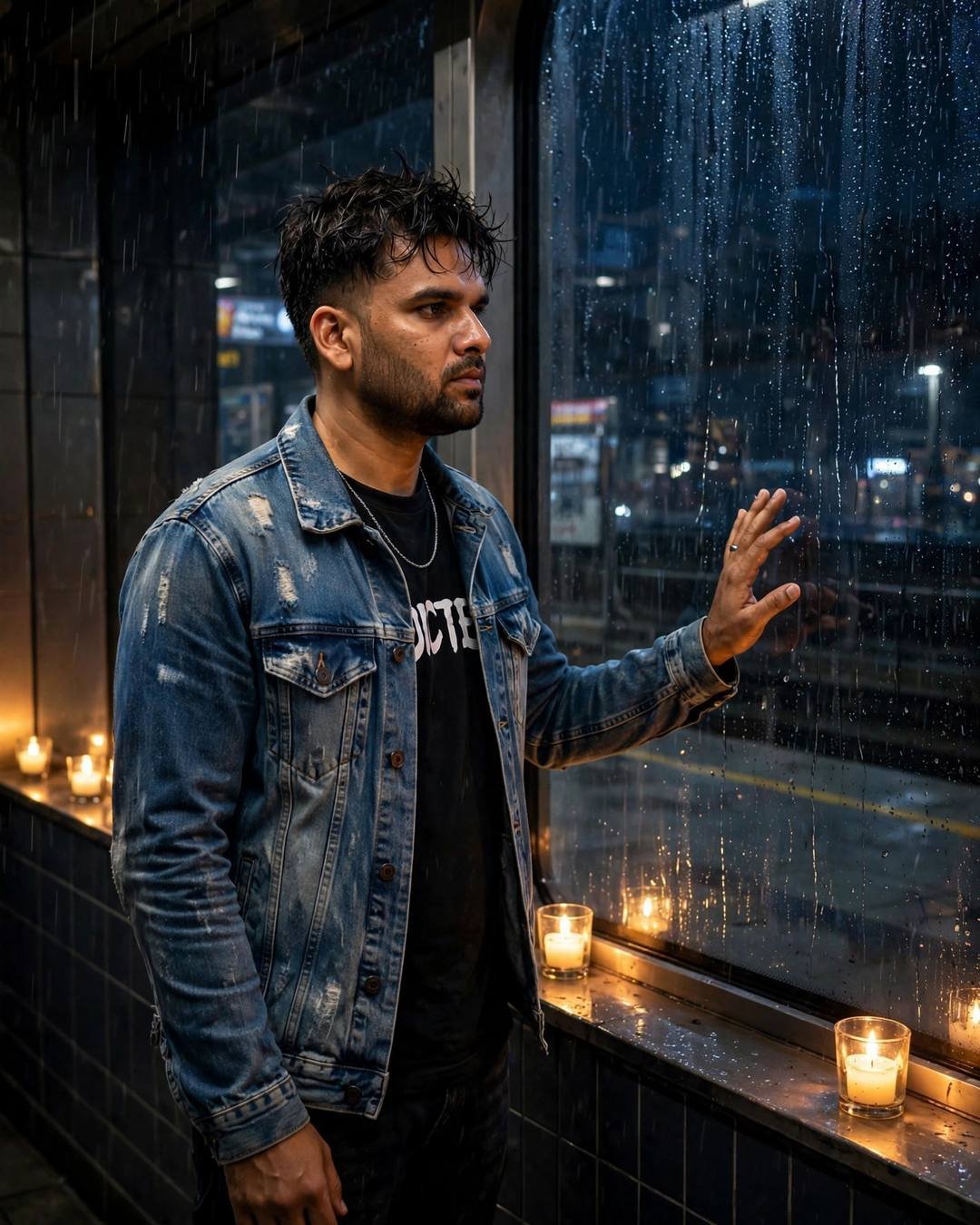 Young Indian man in a distressed denim jacket standing with one hand on rain-streaked glass at a midnight metro station, candles burning beside him