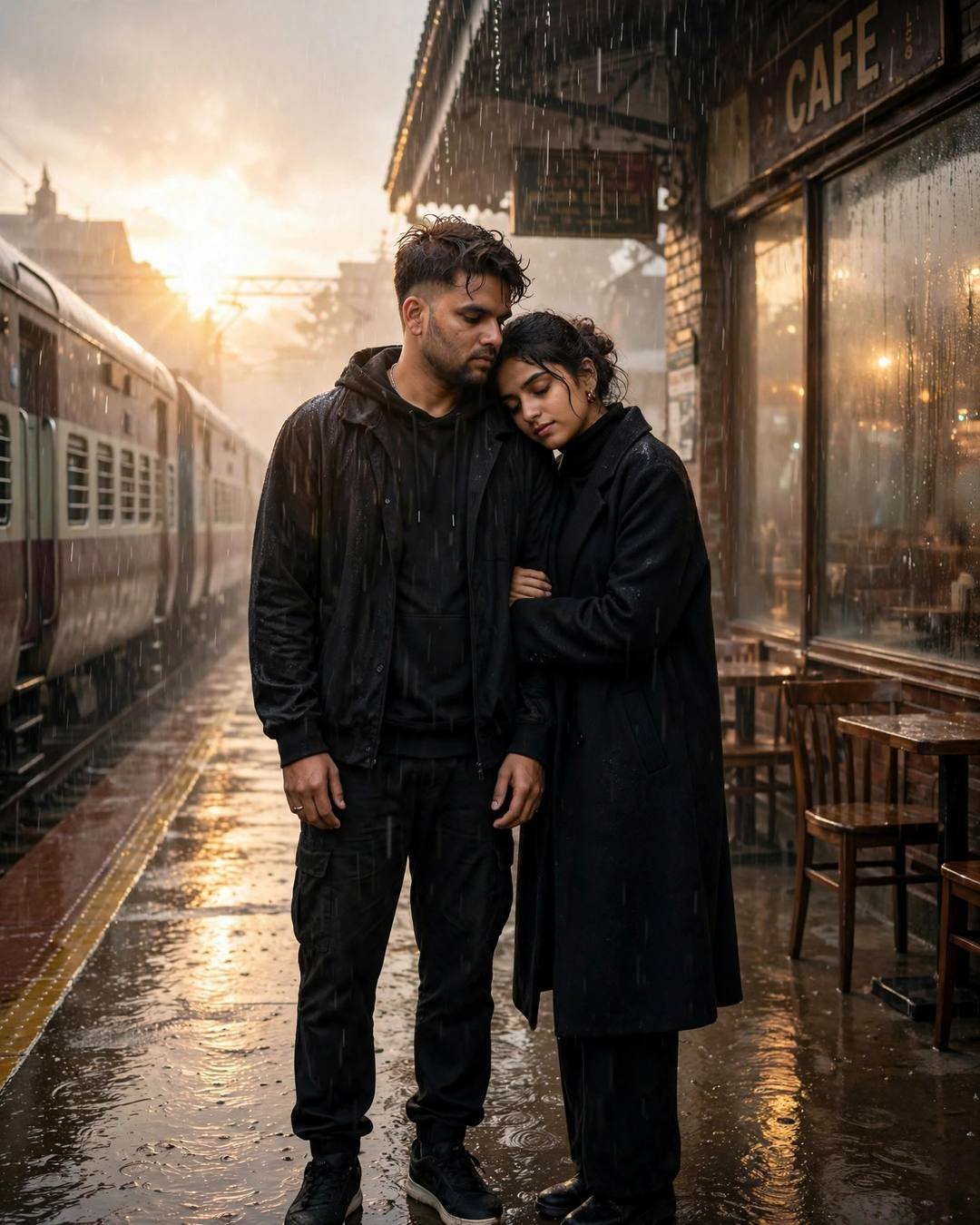Young Indian couple embracing on a rainy railway platform at dawn, man in black streetwear, woman in black coat, train waiting
