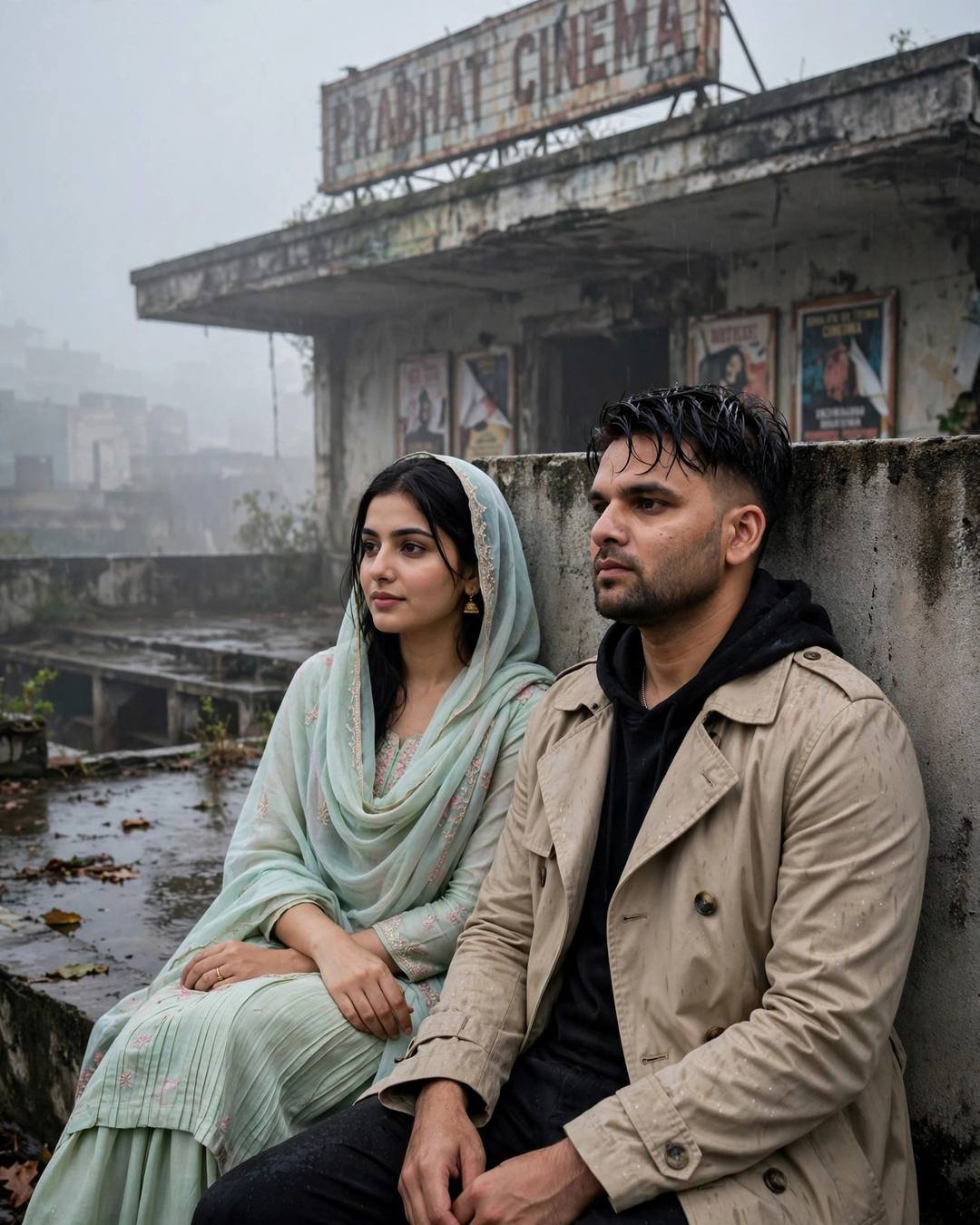 Couple sitting against a wall beneath an abandoned cinema marquee in dense fog, man in beige trench coat, woman in pastel salwar-kameez
