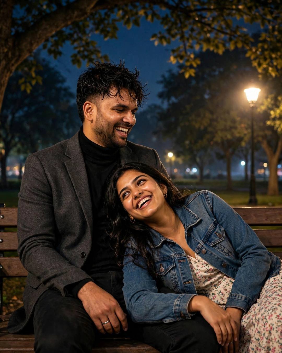 Couple laughing on a park bench under a lamppost at night, man in charcoal blazer, woman in denim jacket