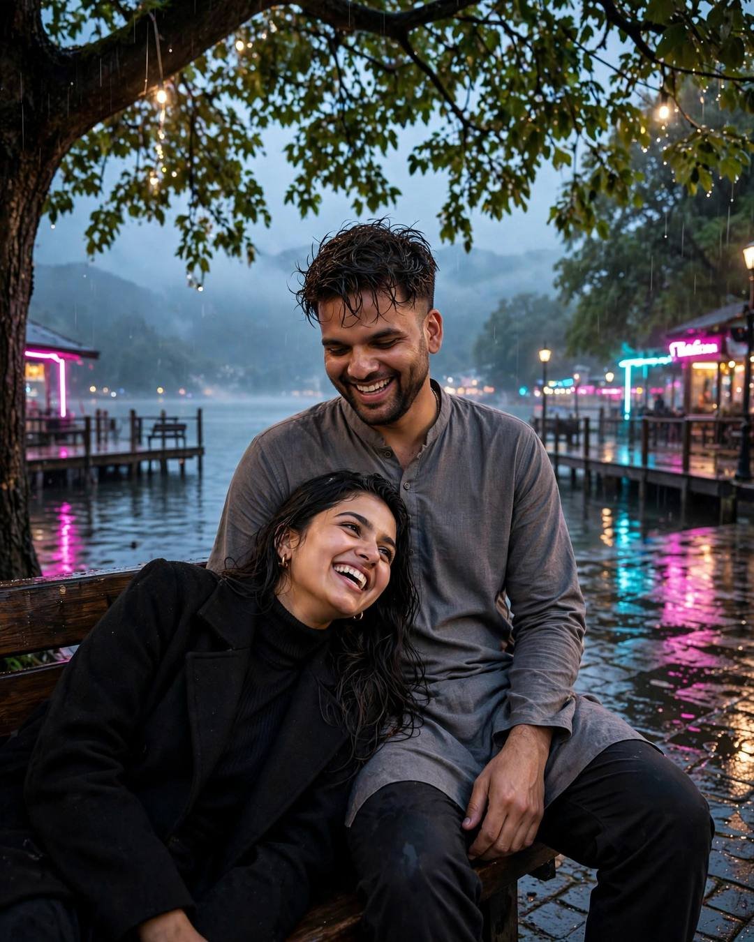 Couple laughing on a rain-wet lake pier at dusk glowing with pink and cyan neon reflections