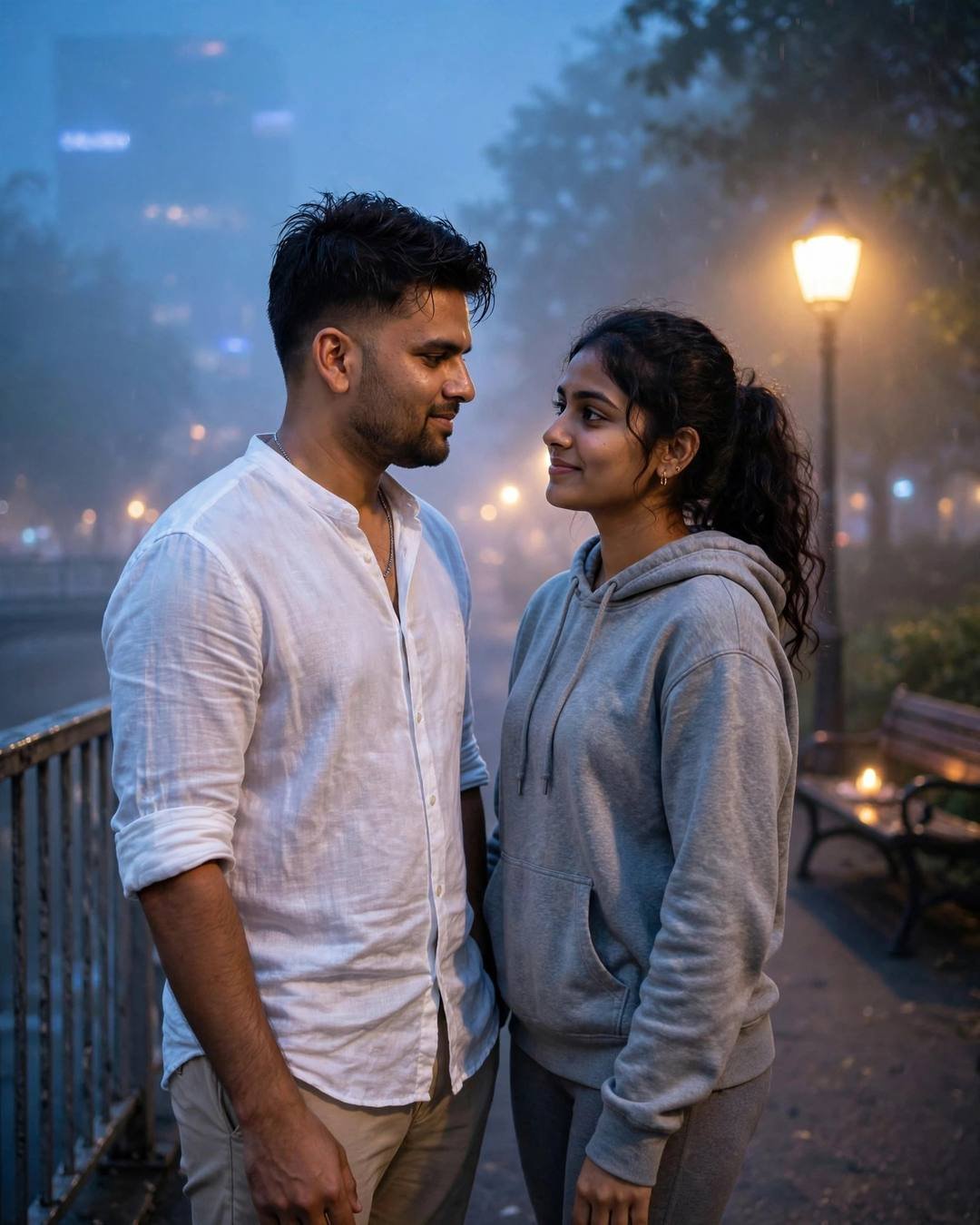 Couple gazing at each other on a foggy bridge at blue hour, man in white linen shirt, woman in grey hoodie